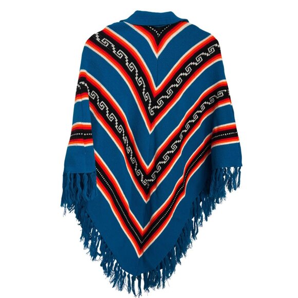 Chevron Aztec Pattern Knit Poncho With Fringe Hem - Picture 2 of 3